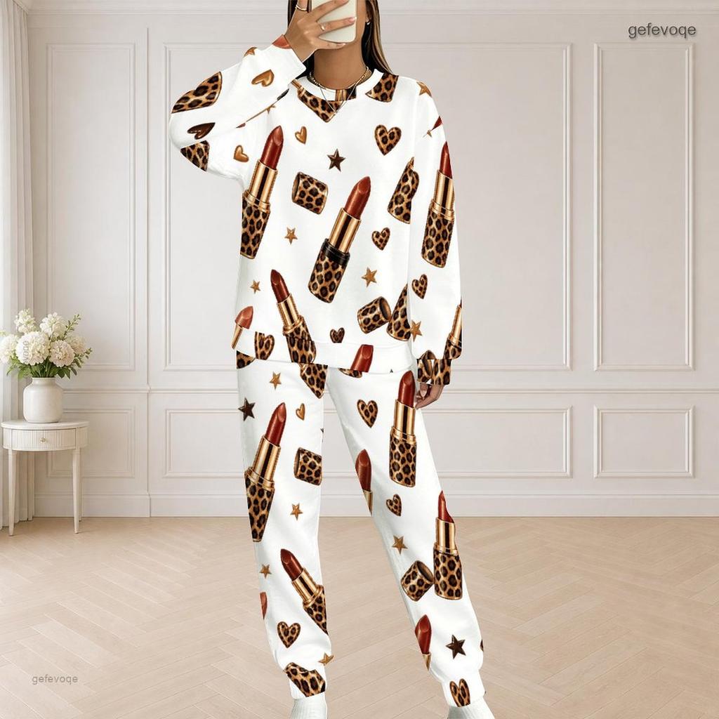 Women Plus Size Round Neck Long Sleeve Top And Pants Set Lipstick Leopard Printed Casual Outfit