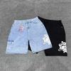 High Street Baggy Jeans Shorts for Men Wide Leg Blue Black Loose Five Denim Pants