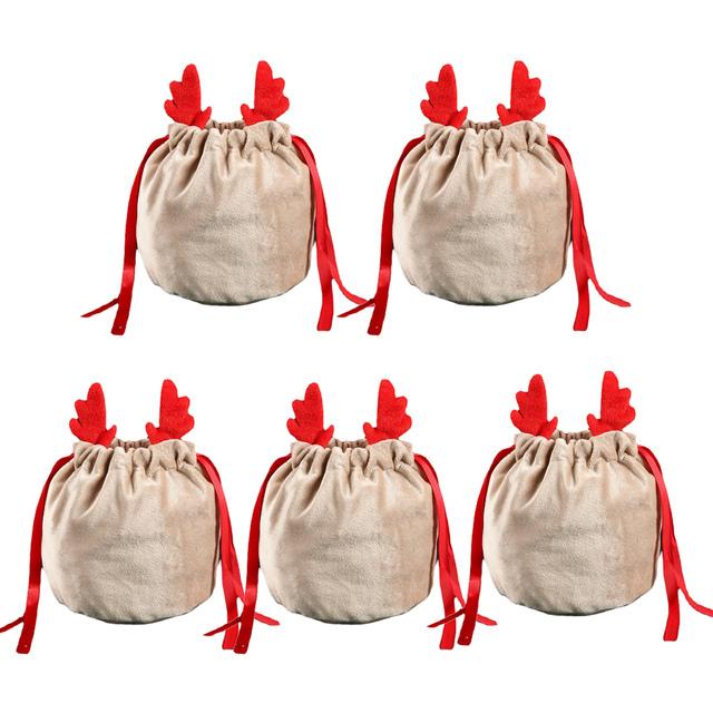 

5/10 Christmas Reindeer Drawstring Gift Bag, Reusable Velvet Santa Claus Candy Gift Bag, Party Gift Decoration 13x15cm
