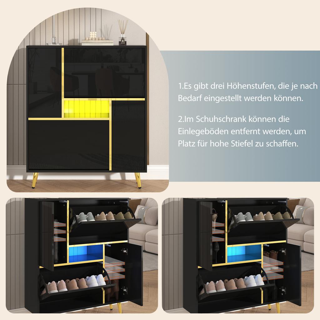 Modern Shoe Cabinet, Black Shoe Cabinet with High-Gloss Front and 16-Color LED Light (80 X 25 X 96 Cm)