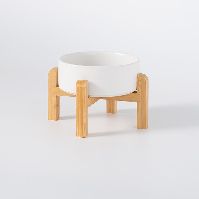 Ceramic Pet Food Bowl with Elevated Bamboo Stand - Anti-Tip Design for Dogs and Cats, Protects Cervical Spine