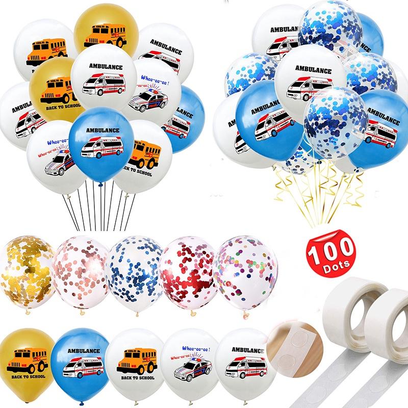 12 Inch Glitter Balloon Cartoon Print Police Car, School Bus, Ambulance Latex Balloon Safety Knowledge Party Decoration