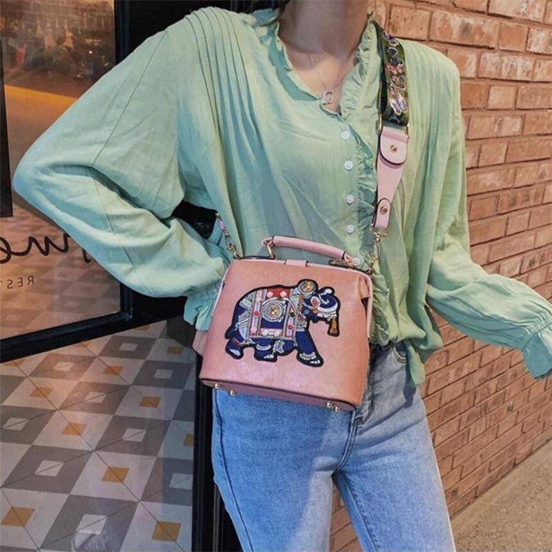 Tote Damenhandtaschen, Stickerei, Elefanten-Tasche, Taschen, böhmische Damen-Schulter-Crossbody-Tasche, weiches PU-Leder, breiter Schmetterlingsriemen