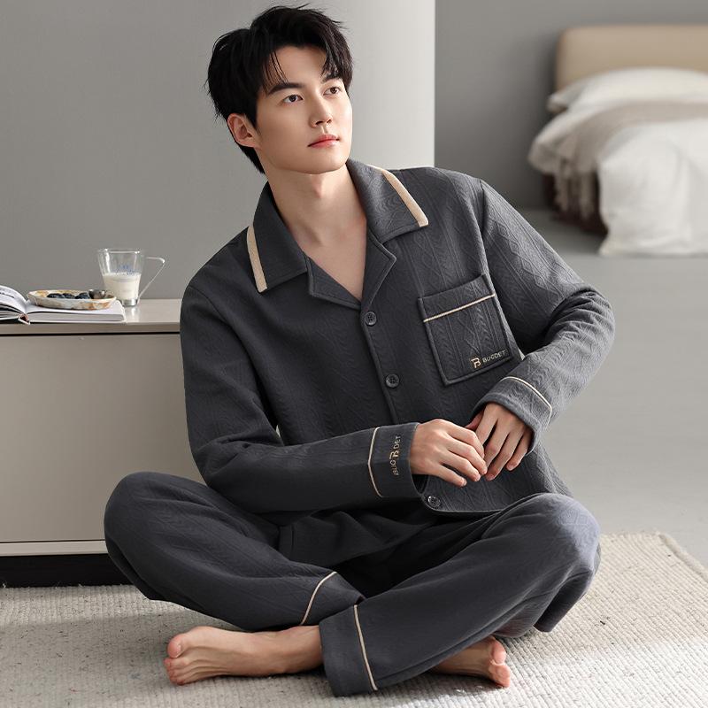 Men'S Pajamas Autumn And Winter Air Cotton Interlayer Thickened Pure Cotton Long Sleeve Warm Winter Thin Padded Loungewear Set