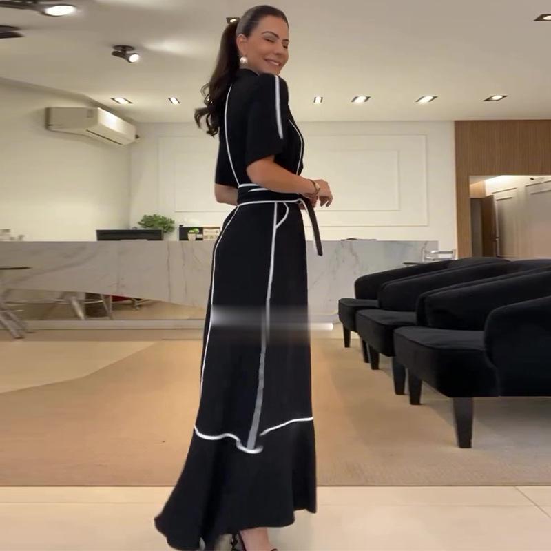 2024 Sommer Damen Colorblock Revers Krawatte Taille Kleid