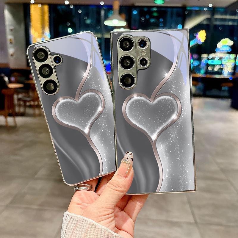 Shiny Heart Outline Electroplated Silver Phone Case For Samsung Galaxy S26 S25 S24 S23 S22 S21 S20 Ultra Plus FE 26+ Glass Cover