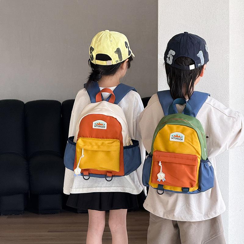 1pcs Solid Color Spliced Children's School Bags Cute Kindergarten Backpack Boys Girls Outdoor Travel Lightweight Backpacks Adjustable Straps