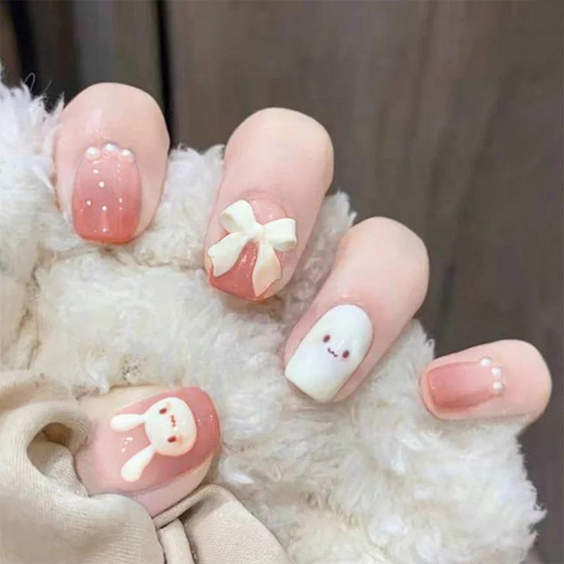 24Pcs Purple Bunny Design Full Coverage Press On Nails Artificial Removable Fake Nail Art Acrylic False Nails Finished