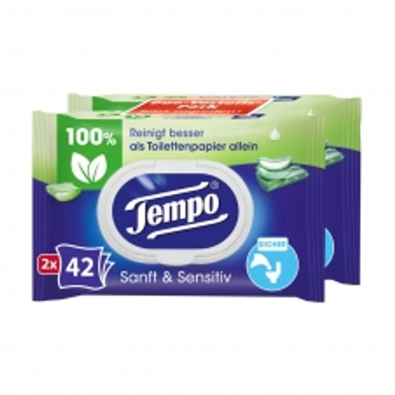 Влажные салфетки для биде Tempo Soft & Sensitive с алоэ вера, 42 шт. x 2 упаковки