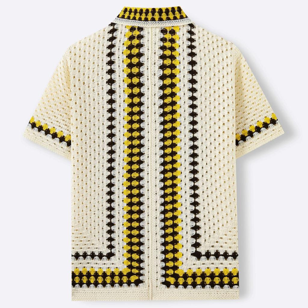 Casual Knitted Short Sleeve Shirt for Men Button Down Crochet Hollow Out Shirt Top Men's Summer Vacation Vintage Knit Golf Beach Collared Shirts Tops