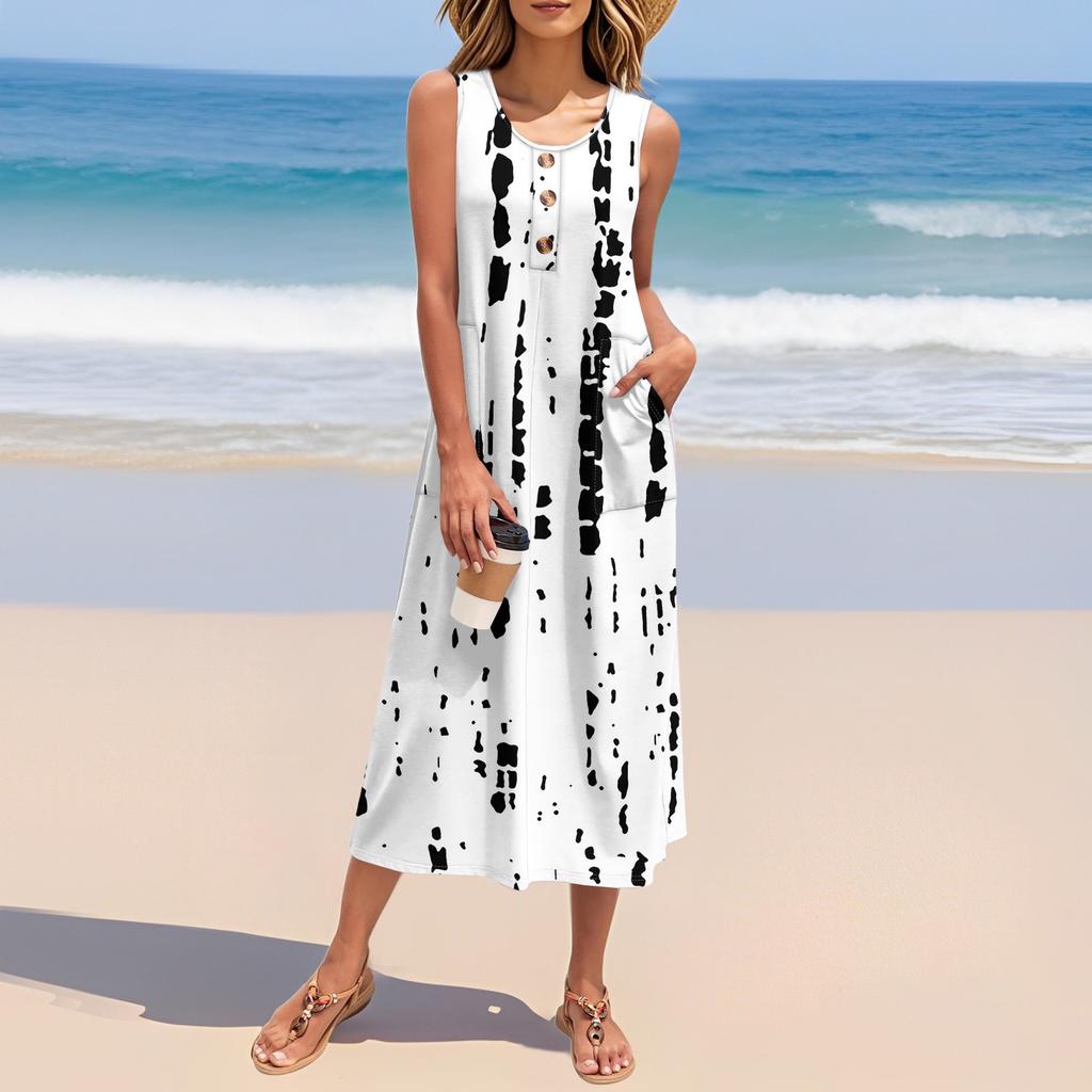 Women's Summer Vintage Color-block Patchwork Print Dress Sleeveless Button Down Casual Loose Long Beach Sundress