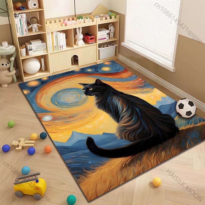 Multiple sizes Black cat in starry sky Print Carpet Rug for Living Room Bedroom Sofa Doormat Home Decor Non-slip Floor Mat