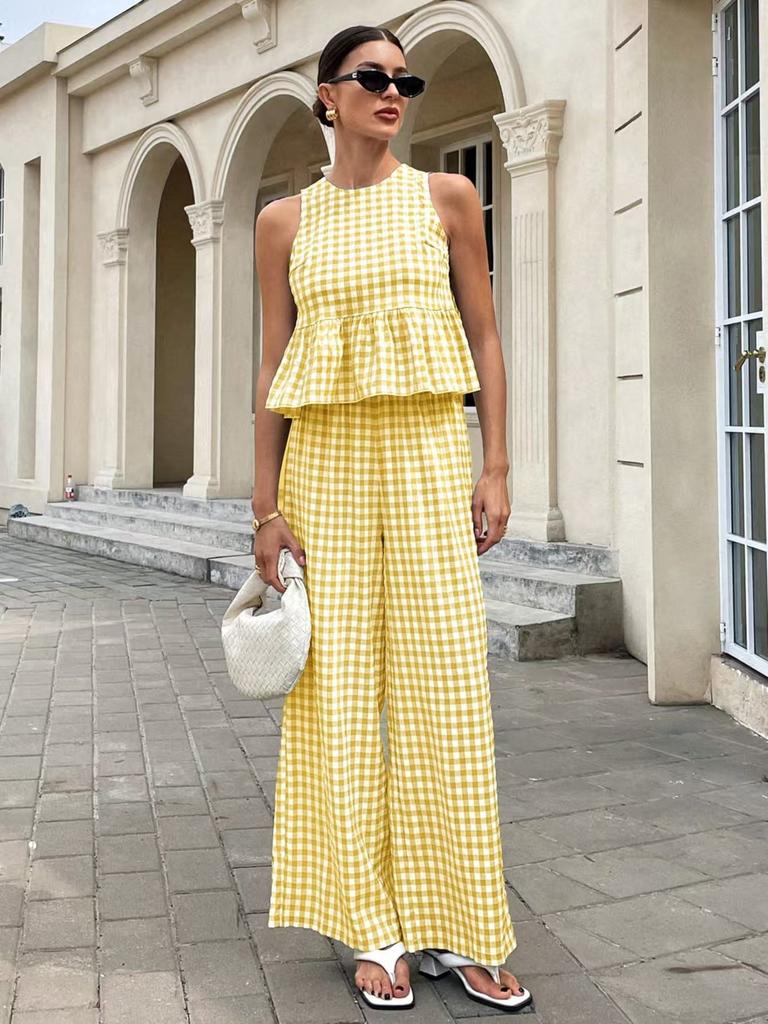 Women's Sleeveless Checkered Top with Ruffle Hem and Wide Leg Pants 2 Piece Set