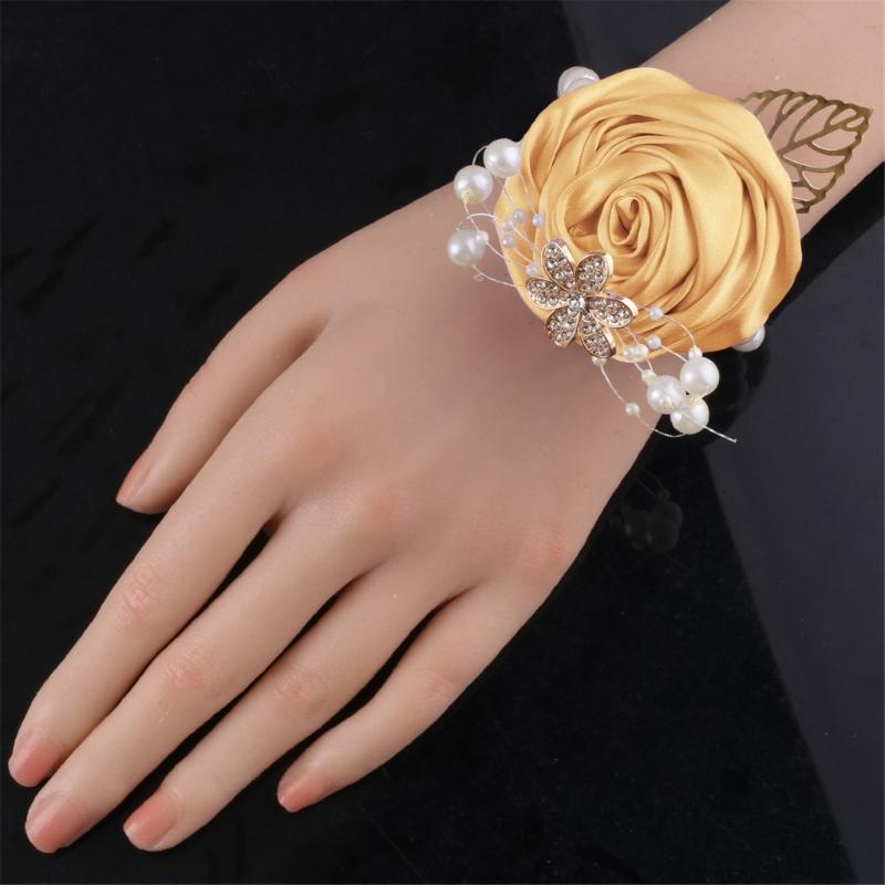 Satined Rose Pearls Design Wrist Corsage Wedding Wrist Flower Bride Wrist Accessory for Formal Occasion and Ceremonies