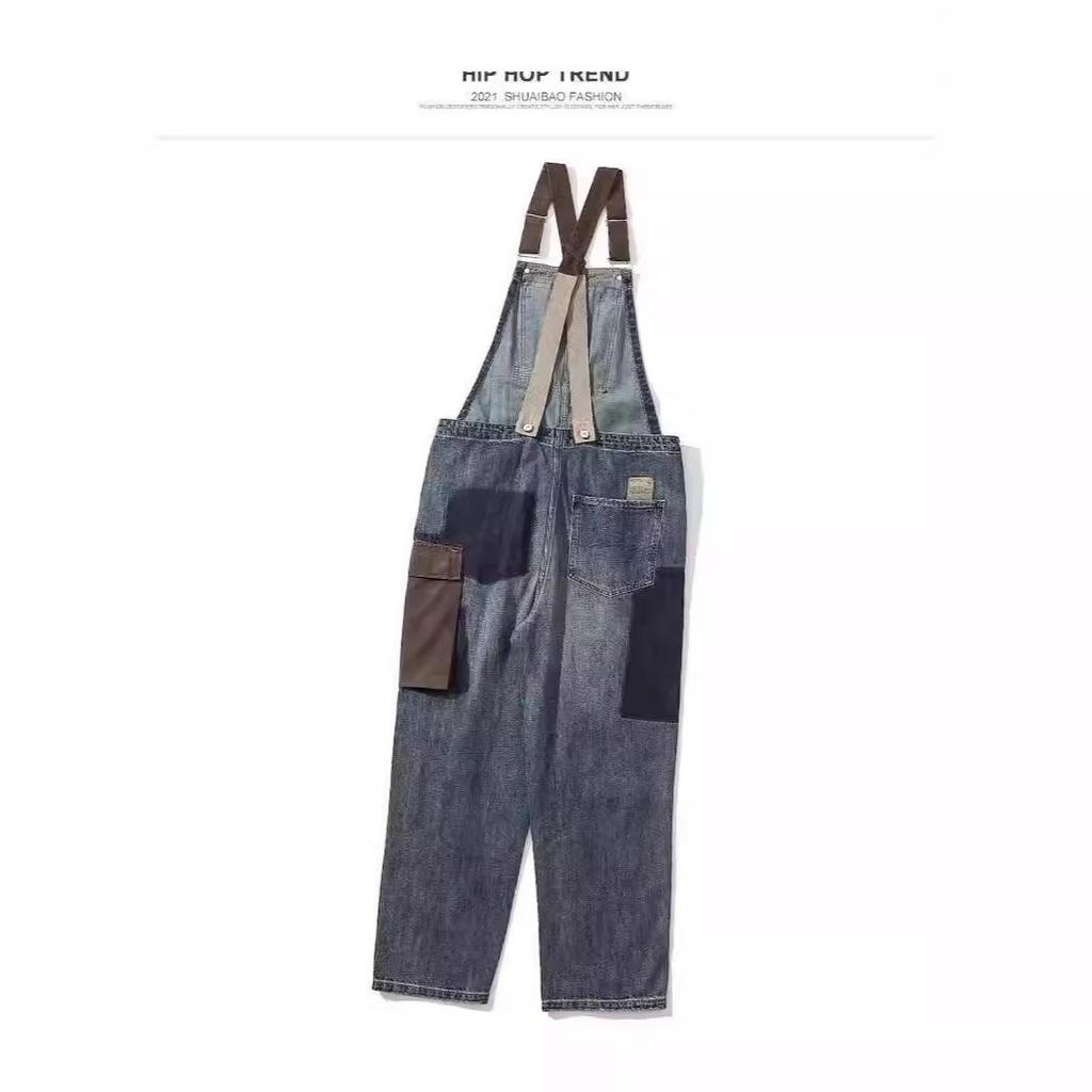 Unisex Japanese Retro Overall Jeans with Contrasting Suspenders