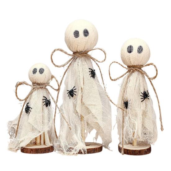 3Pcs Rustic Halloween Ghost Decor Handcrafted Wooden And Fabric Ghost Figurines 3 Sizes Farmhouse Style Shelf Decorations Party Supplies
