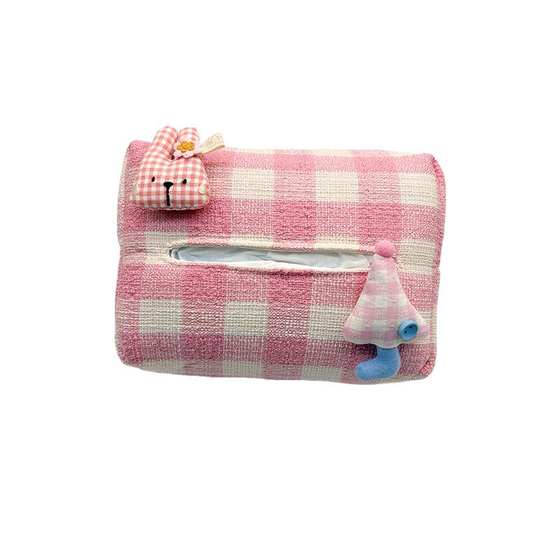 Cartoon Bear & Bunny Plaid Tissue Box for Car Seat Back, Armrest, or Sun Visor