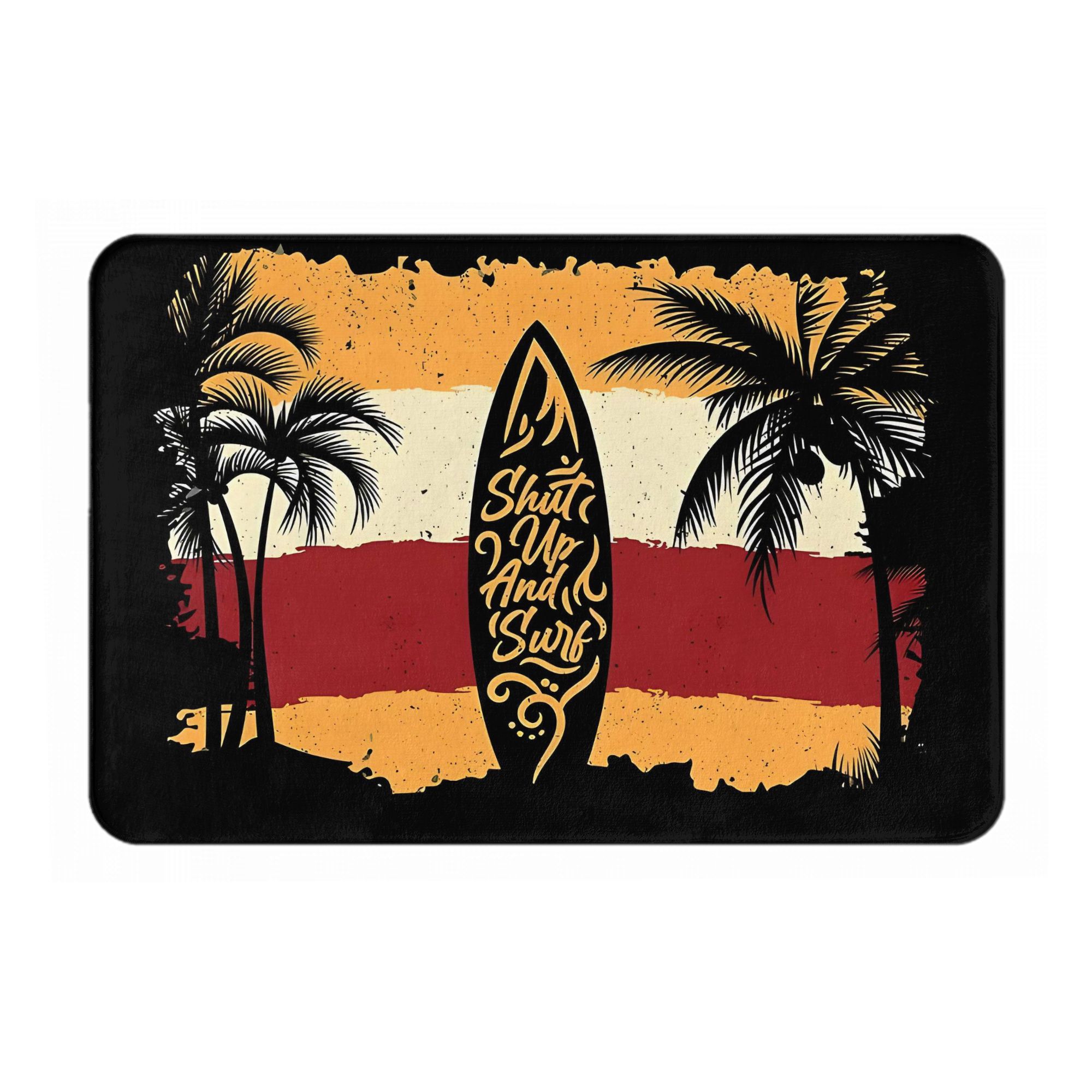 

Surfboard Palm Tree Doormat Black Brown Red Yellow Printed Polyester Machine Washable Cold Water Only 80x50cm 40cm x 60cm