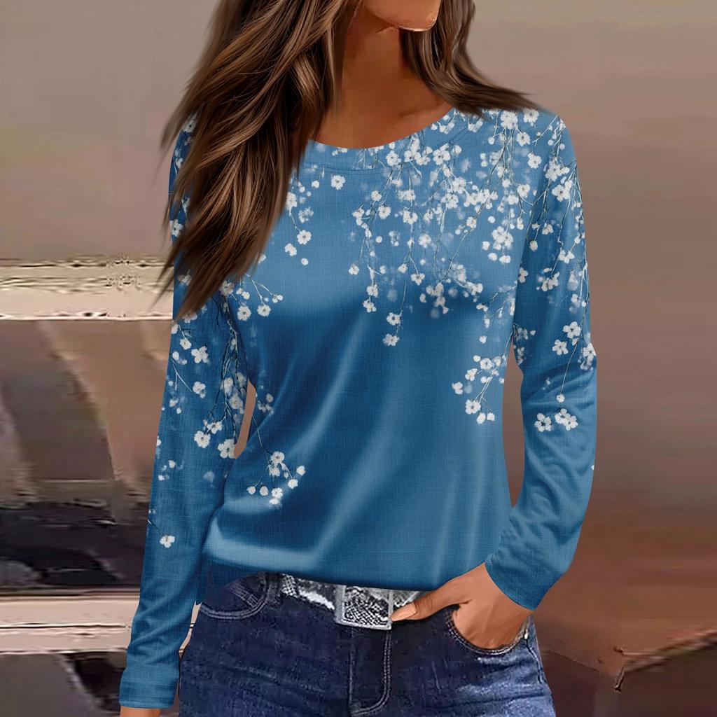 Dámský denní ležérní top s dlouhým rukávem a potiskem s kulatým výstřihem