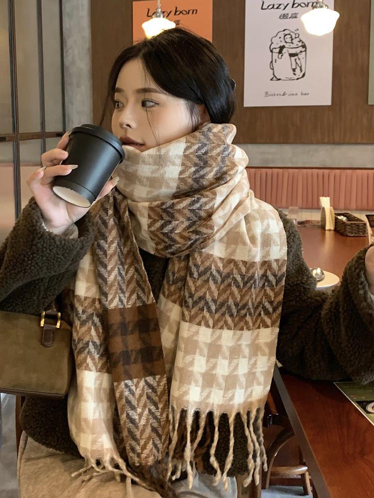 Knitted Retro Scarf Headscarf Winter Women Men Houndstooth Tassel Warm Scarve Pashmina Mujer Femme Male Thick Wrap Shawl Unisex