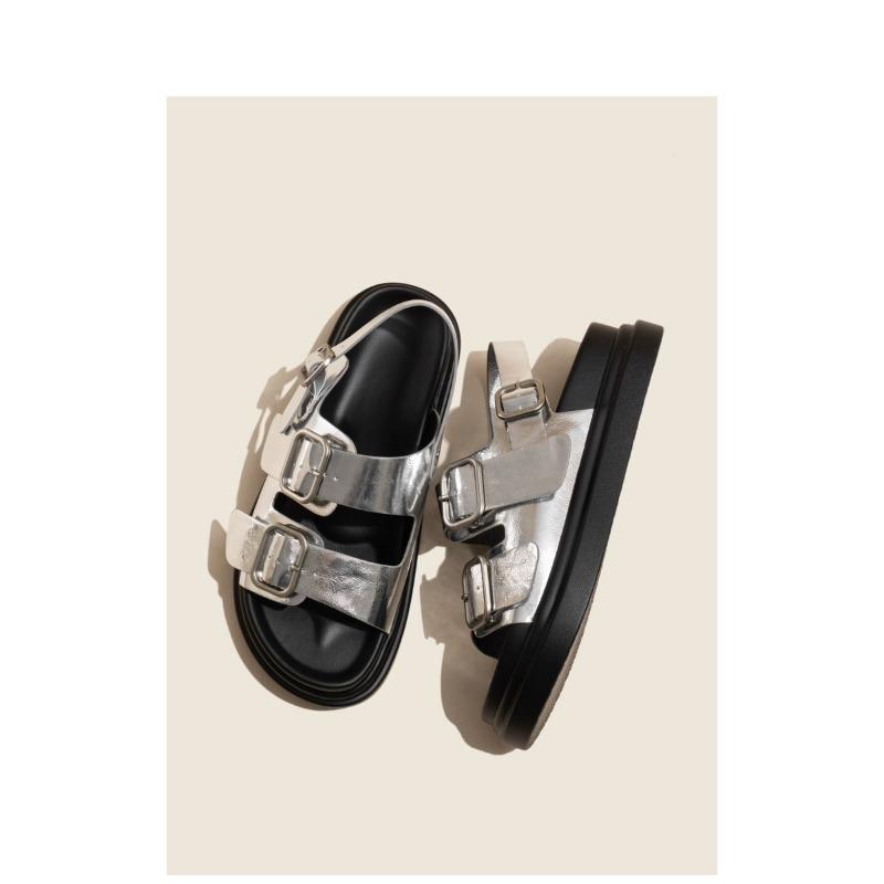 One-word Buckle with Silver Sandals Women's New Summer Beach Versatile Thick-soled Cool Slippers