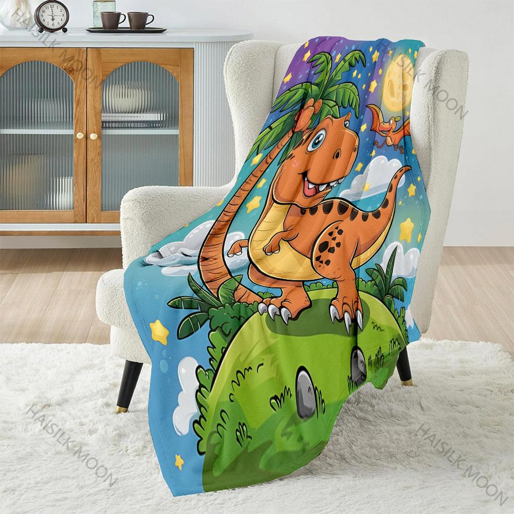 Multi Size Dinosaur Under Palm Tree Pattern Blanket Flannel Material Soft Warm for All Seasons, Home Outdoor Camping Picnics RV