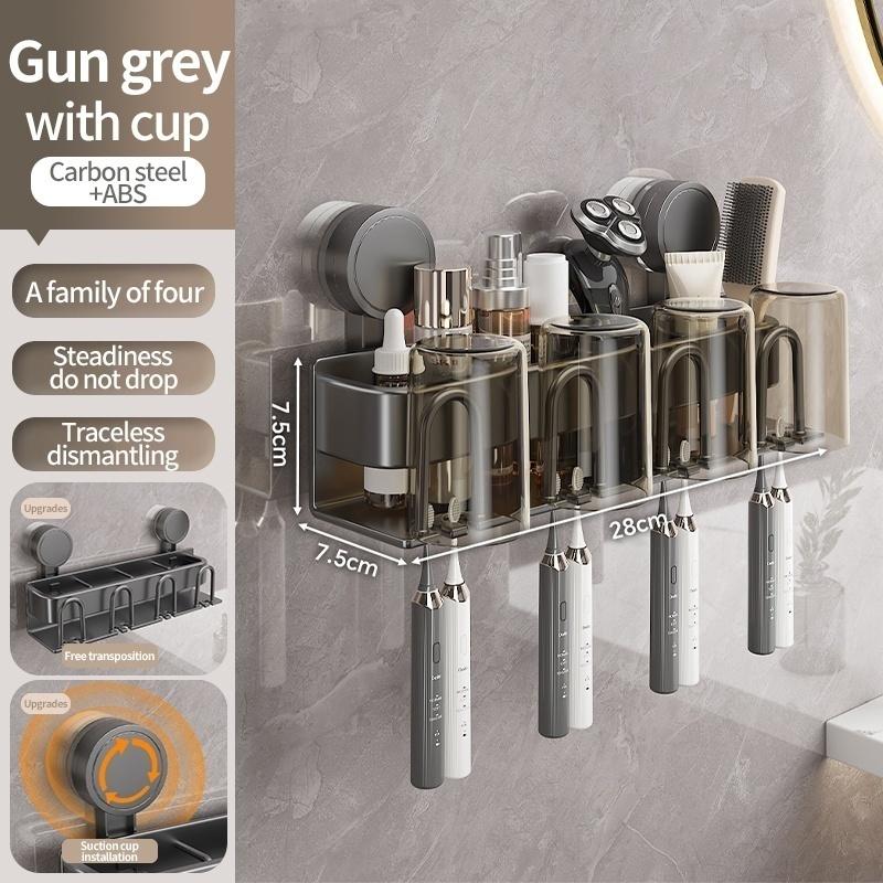 No Need To Drill Suction Cup Bathroom Toothbrush Holder With Cups, Toothbrush Sorage Rack, Mouthwash Cup, Brushing Cup