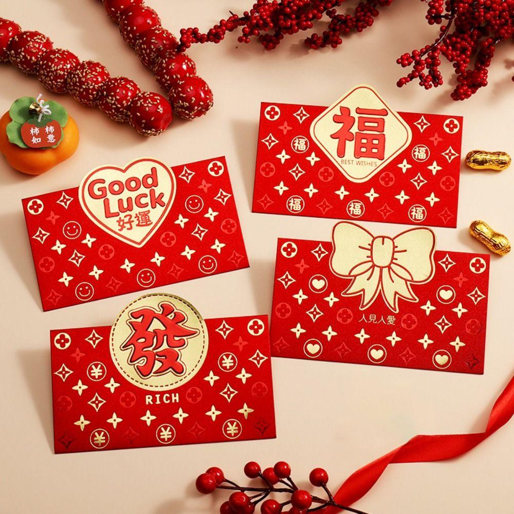 4pcs/set Blessing Words Red Pocket Cartoon Money Gift Envelope Cute Lucky Money Bag Spring Festival