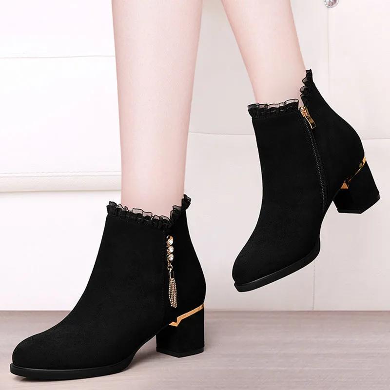 Spring Winter Women's Heel Versatile Short Boots Pumps Boots Ladies Shoes