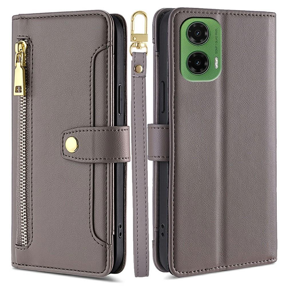 For Motorola Moto G35 5G Leather Case Zipper Pocket Wallet Phone Cover with 2 Straps