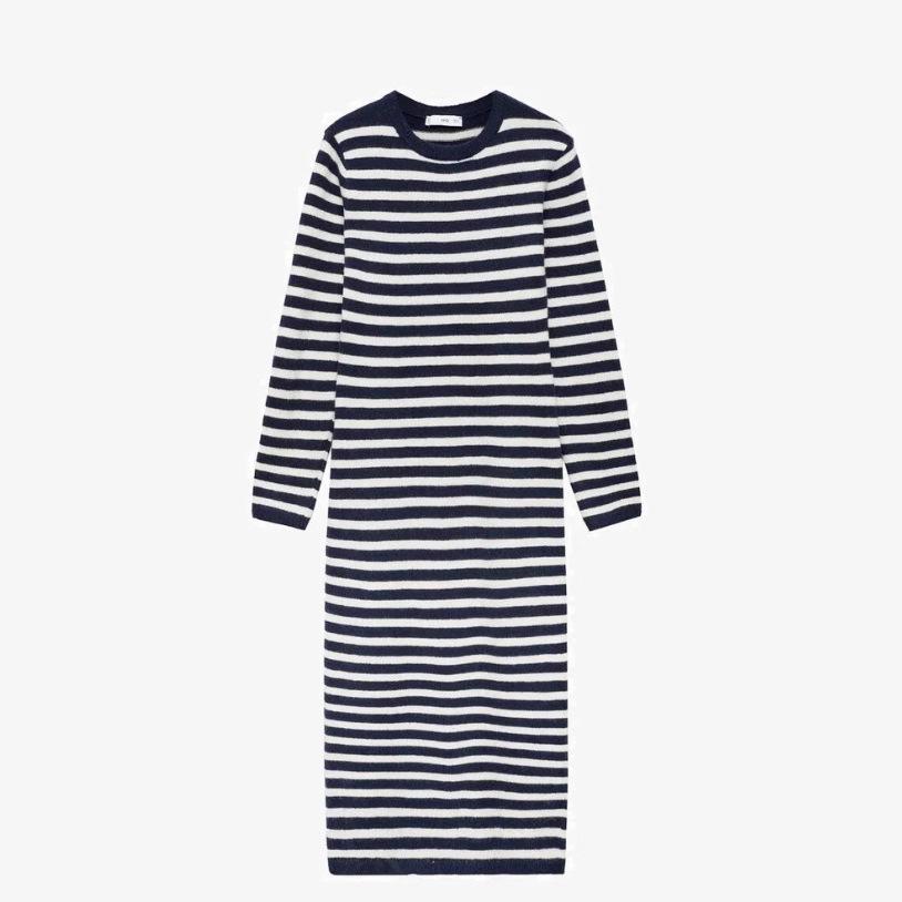 French Retro Striped Wool Knit Dress - Slimming, Warm, Knee-Length for Women
