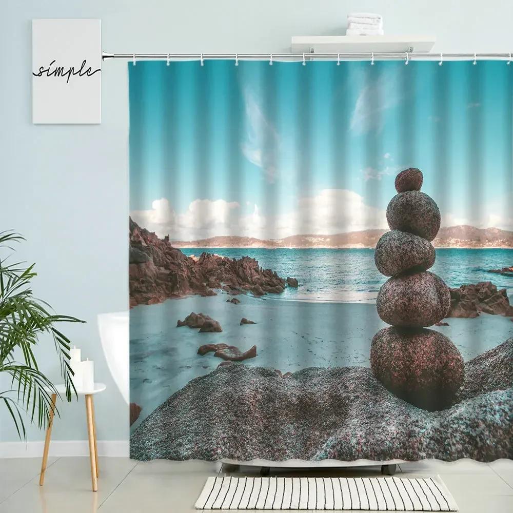 Zen Landscape Shower Curtain Natural Scenery Bathroom Decor Stone Rock Waterfall Beach Boho Polyester Screen With Hooks Washable
