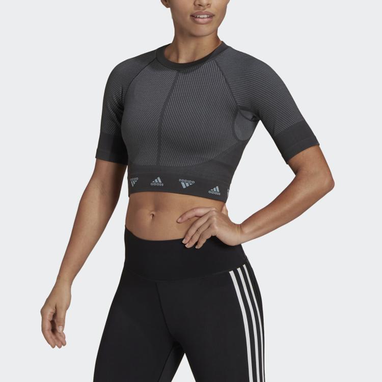 Adidas Wtr Aeroknit T Logo Hemmed Short Sleeve Fitness Top Women tops Black HD9566