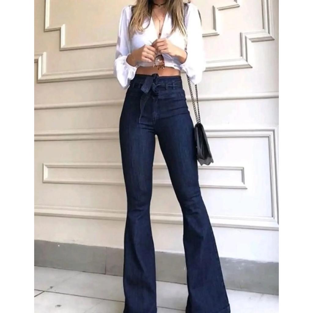Jeansy damskie w jednolitym kolorze, z wysokim stanem, rozszerzane, rozpinane, kieszenie, rozporek, Streetwear, smukłe, patchworkowe, guziki, lekko elastyczny pasek