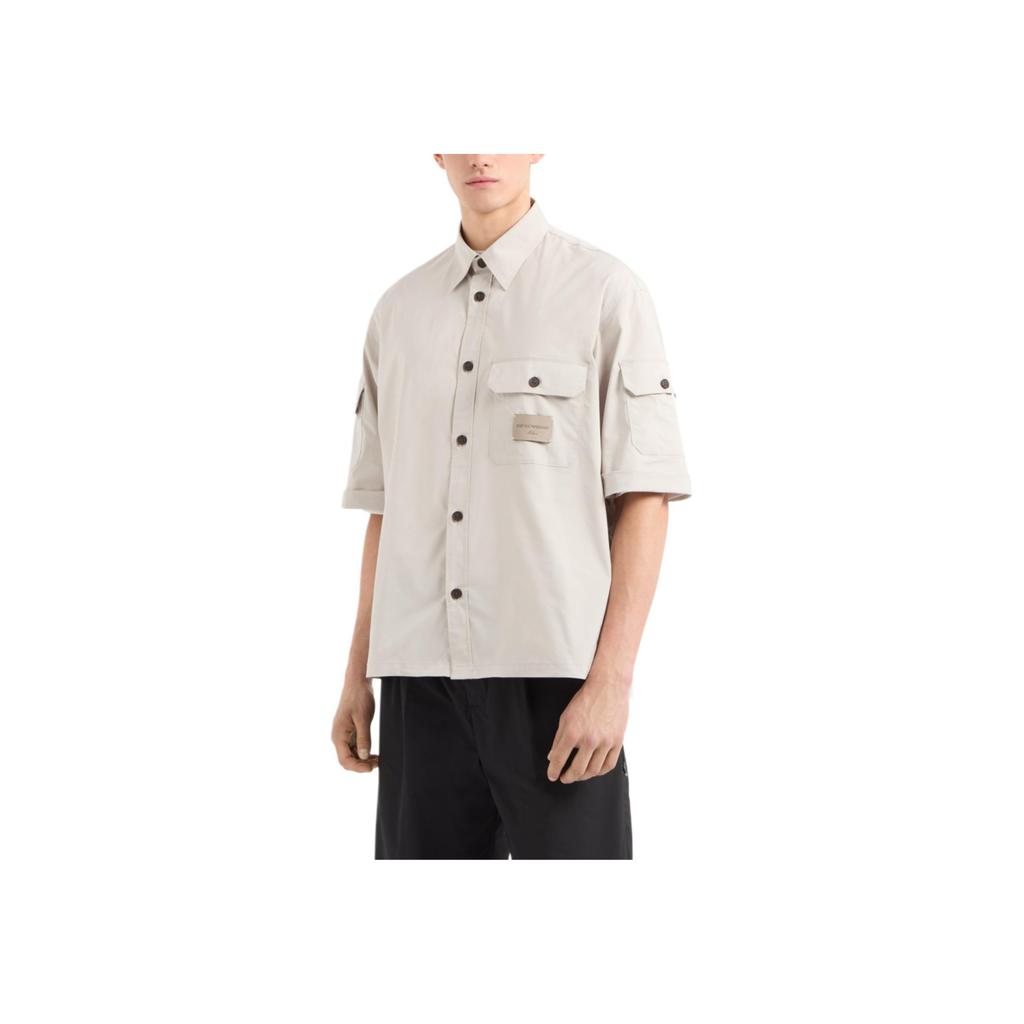 Emporio Armani Ss25 Logo Leather Label Solid Color Short Sleeve Shirt Men shirts Beige EM001522-AF13810-U1098