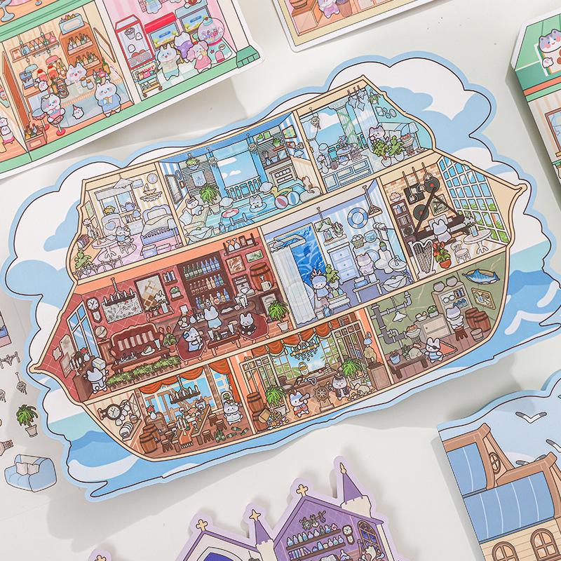 Miniatuur Dierentuin 3D Landschapstickers voor Kinderdagboeken - Wild Sterrenlantaarns & Gezellige Hut Thema