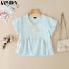 VONDA Summer Women Short Sleeve Bow Knot Lace Hem Casual Cute Tops Cropped Blouse