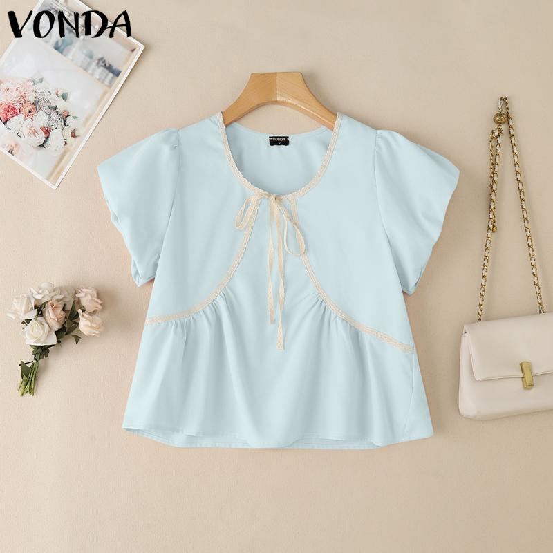 VONDA Summer Women Short Sleeve Bow Knot Lace Hem Casual Cute Tops Cropped Blouse