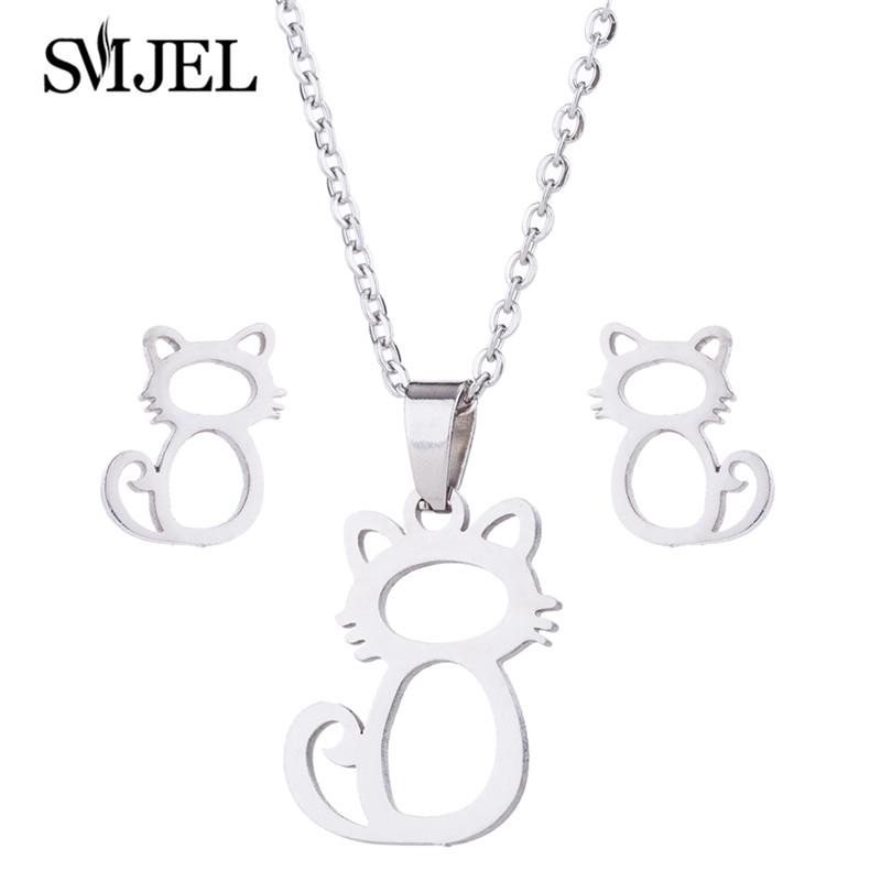 Lovely Gold Color Kitten Cat Stainless Steel Zircon Set Necklaces Men Collares Fashion Hollow Cat Earring Necklace Paw Zircon