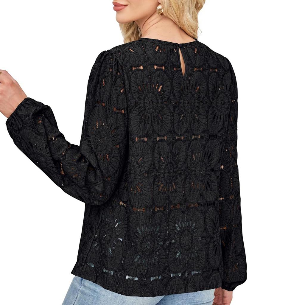 Ladies' Loose And Fashionable Versatile Hollow Lace Long Sleeved Top