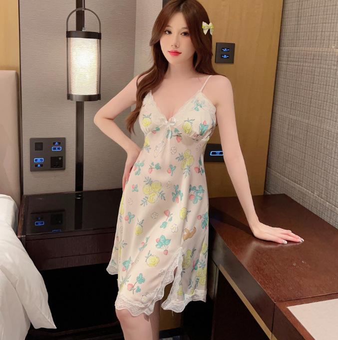 Sexy Pyjama Damen Frühling und Sommer Dünner Seiden Trägerpyjama mit Brustpolstern Bedruckte Eis Seide Rückenfreies Loungeteil