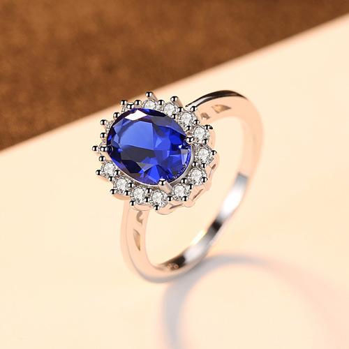 QIBAOKU S Sterling Silver Ring for Women Sapphire Princess Diana Rings Luxury Oval Flower Engagement Wedding
