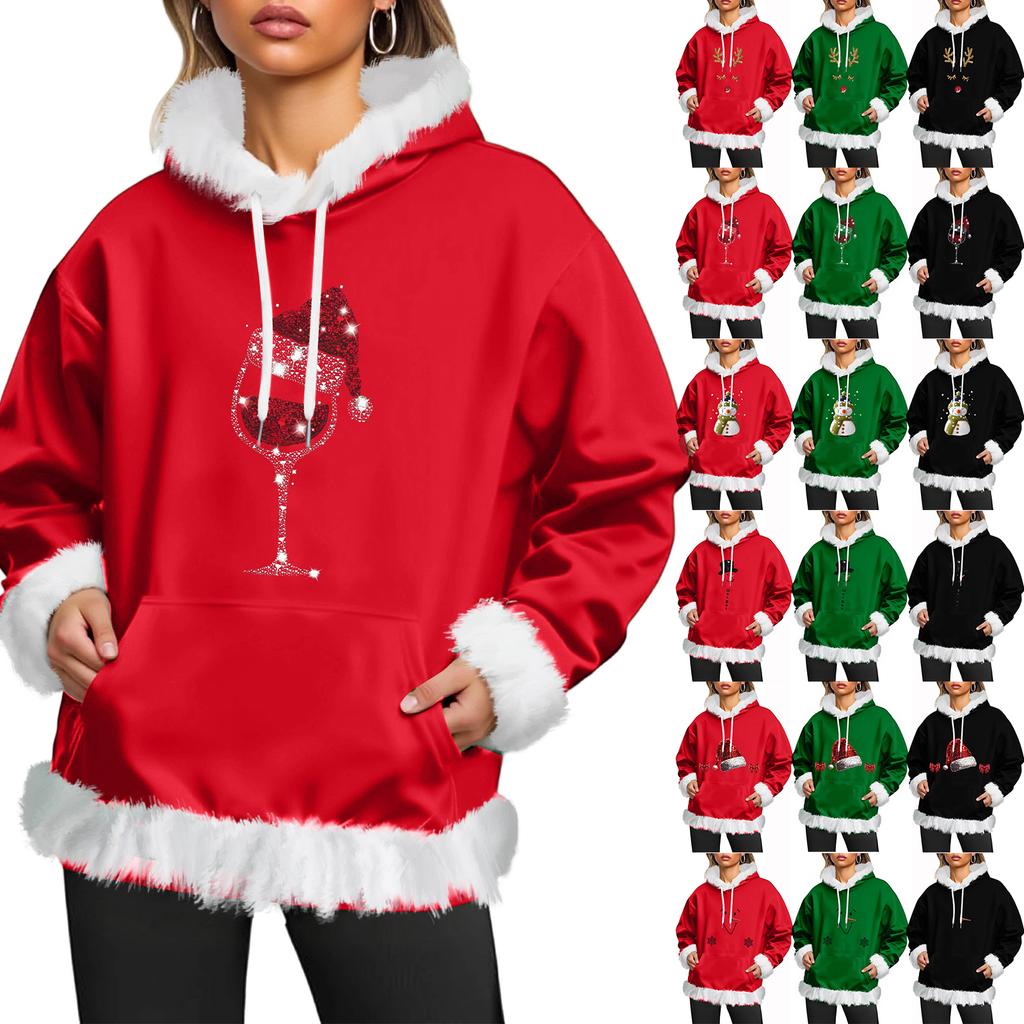 Women's Christmas Casual Fleece-Lined Hoodie With Long Sleeves And Pockets Sweatshirt Top