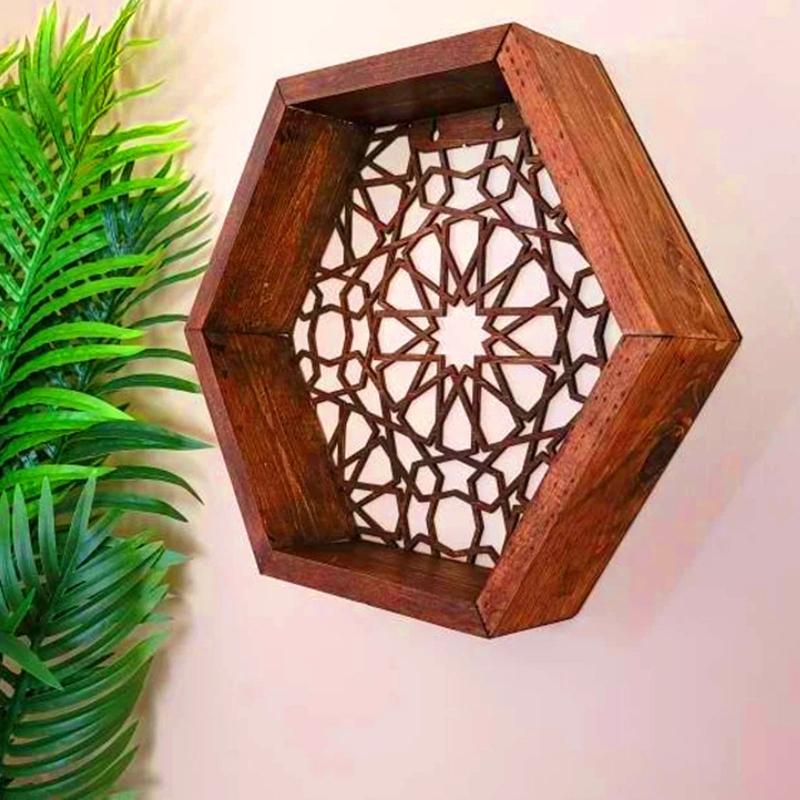 Wood Decor Wall Mount Hexagonal Books Toy Flower Pots Storage Shelf Holder Figurines Display Crafts Shelves Space Saving