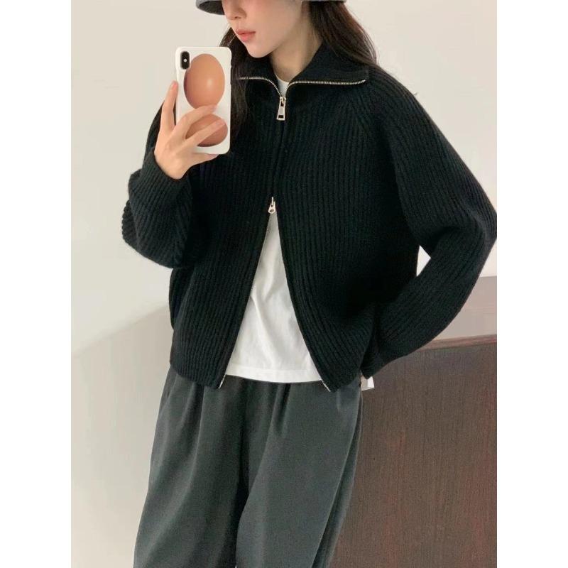 New solid color pit strip double zipper design sense shoulder long sleeve knitted jacket women solid color simple sweater women