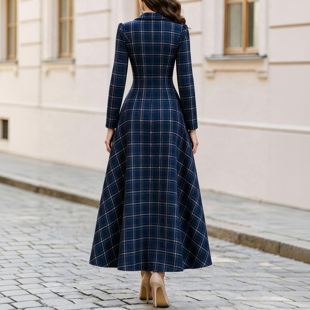 Women's Elegant Plaid Button Front Long Dress for Fall Winter Work