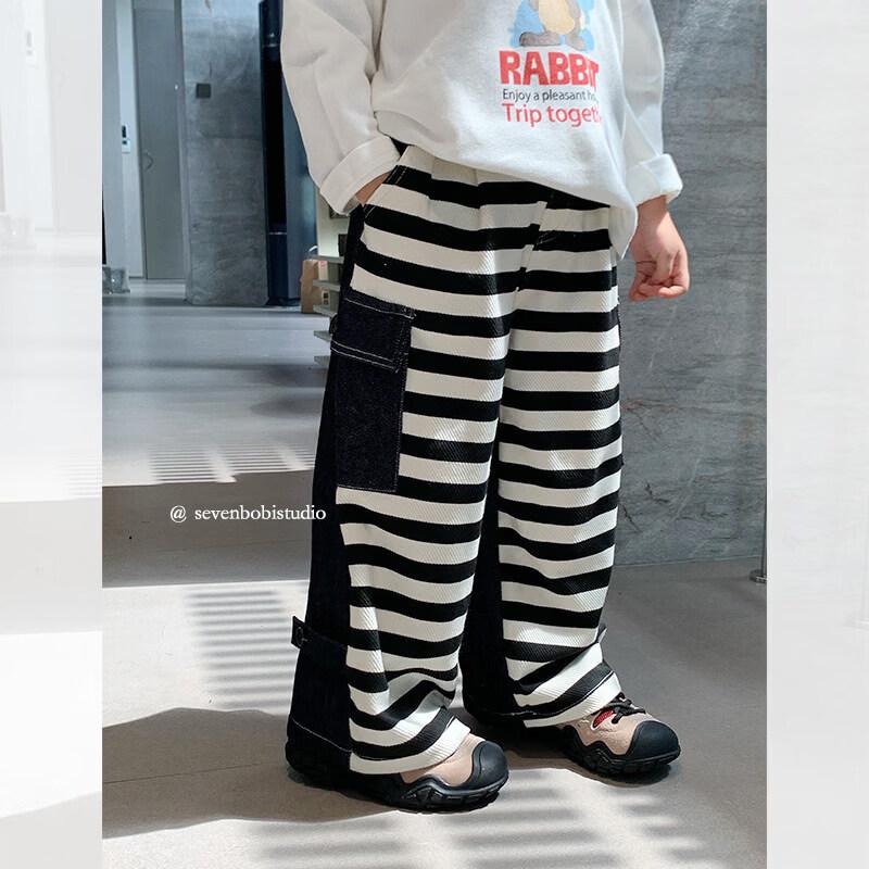 SEVEN BOBI Girls Korean Style Striped High-Waisted Straight-Leg Casual Pants 130 cm
