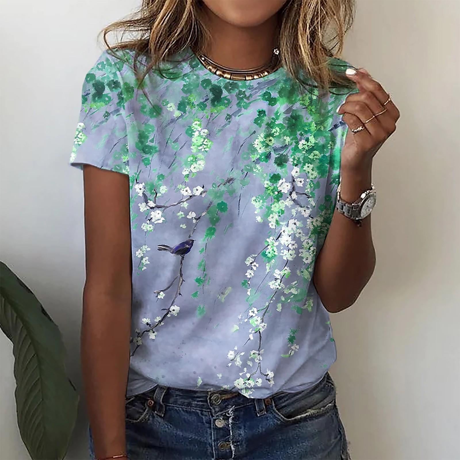 

Женские повседневные топы с круглым вырезом, футболка с коротким рукавом, летняя футболка с принтом, топ XL светло-синий