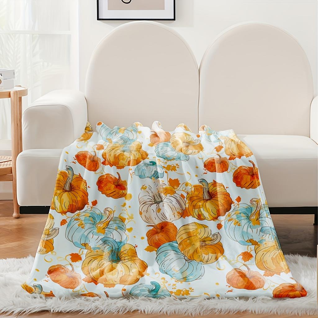 Autumn Pumpkin Fleece Blanket - Thanksgiving, Halloween, Farmhouse Decor, Bed, Sofa, Chair, Dormitory - Traditional Style, Printed Pattern, No Decorat