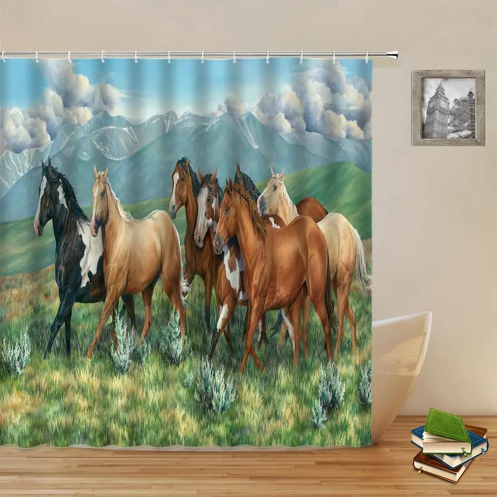 Horse Shower Curtain Western Masculine Horses Run In Farm Field Animal Farmhouse Bath Curtain Waterproof Polyester Fabric Decor